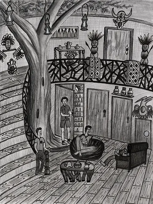 Illustration of Tree's house — the ancient oak rising through the sunken living room