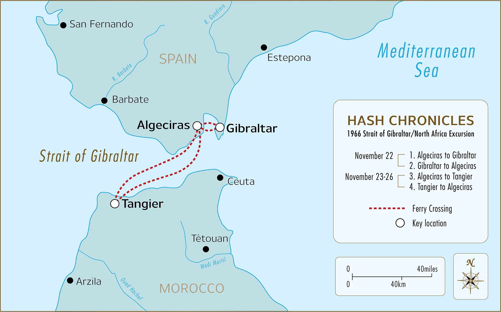 HASH CHRONICLES route map — Algeciras to Amsterdam, 1966