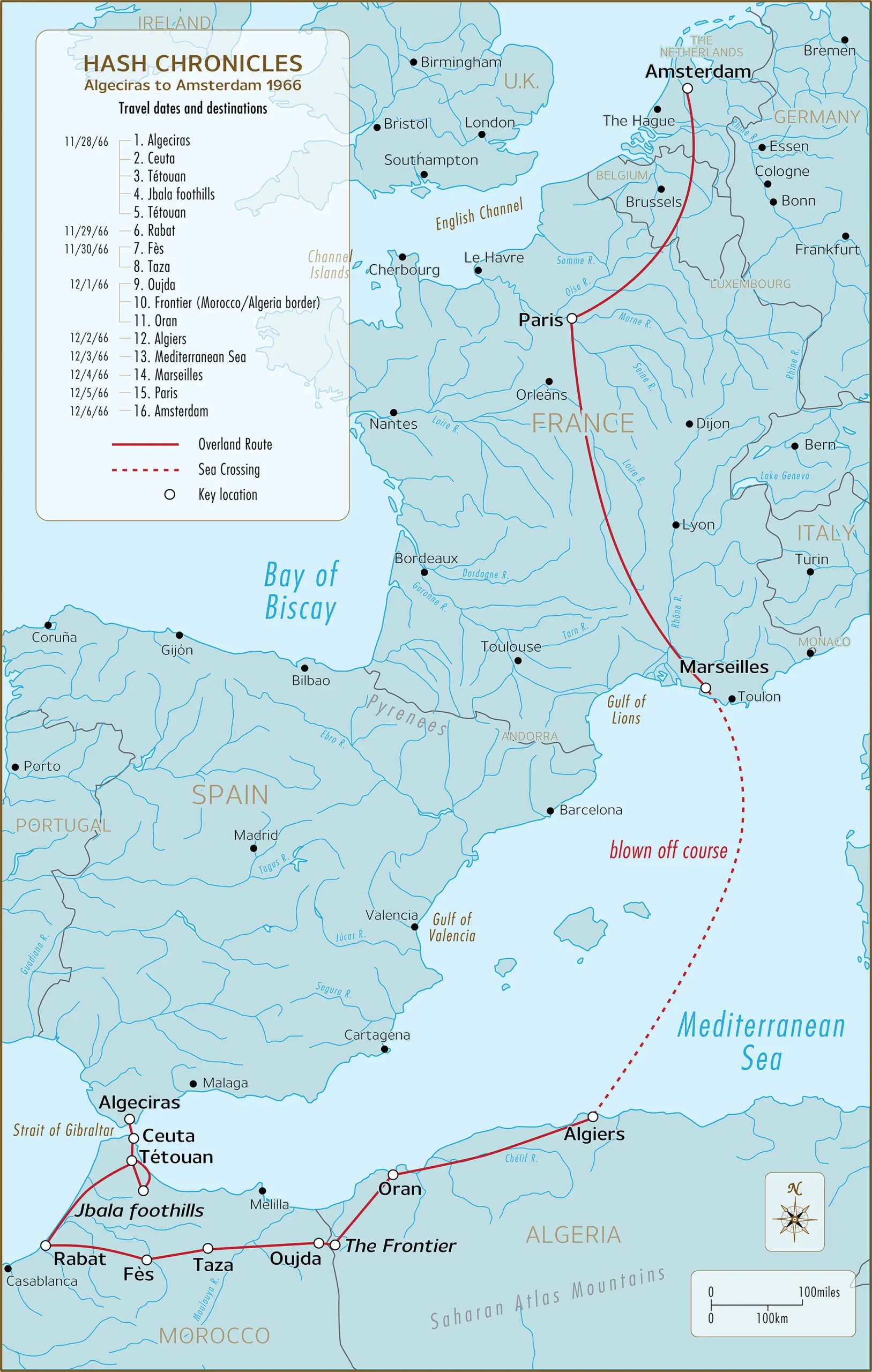 HASH CHRONICLES route map — 1966 Strait of Gibraltar and North Africa excursion